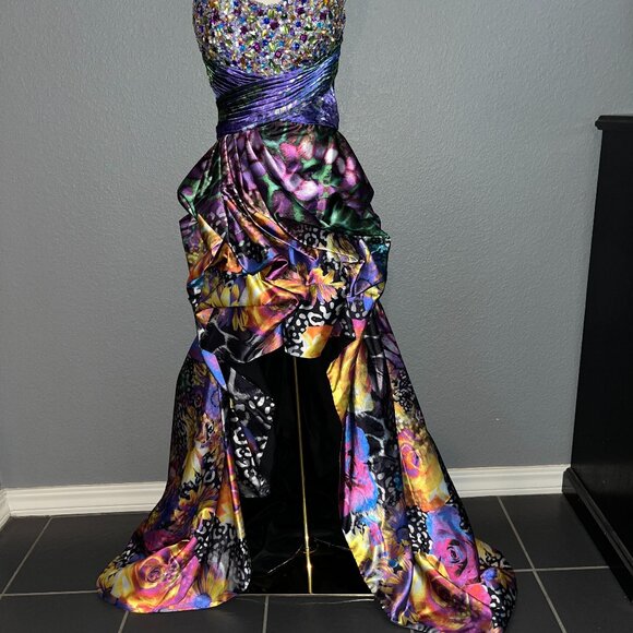 JOVANI HIGH LOW STRAPLESS EMBELLISHED COLORFUL GEM BODICE ANIMAL PRINT GOWN - 6 - Picture 1 of 16